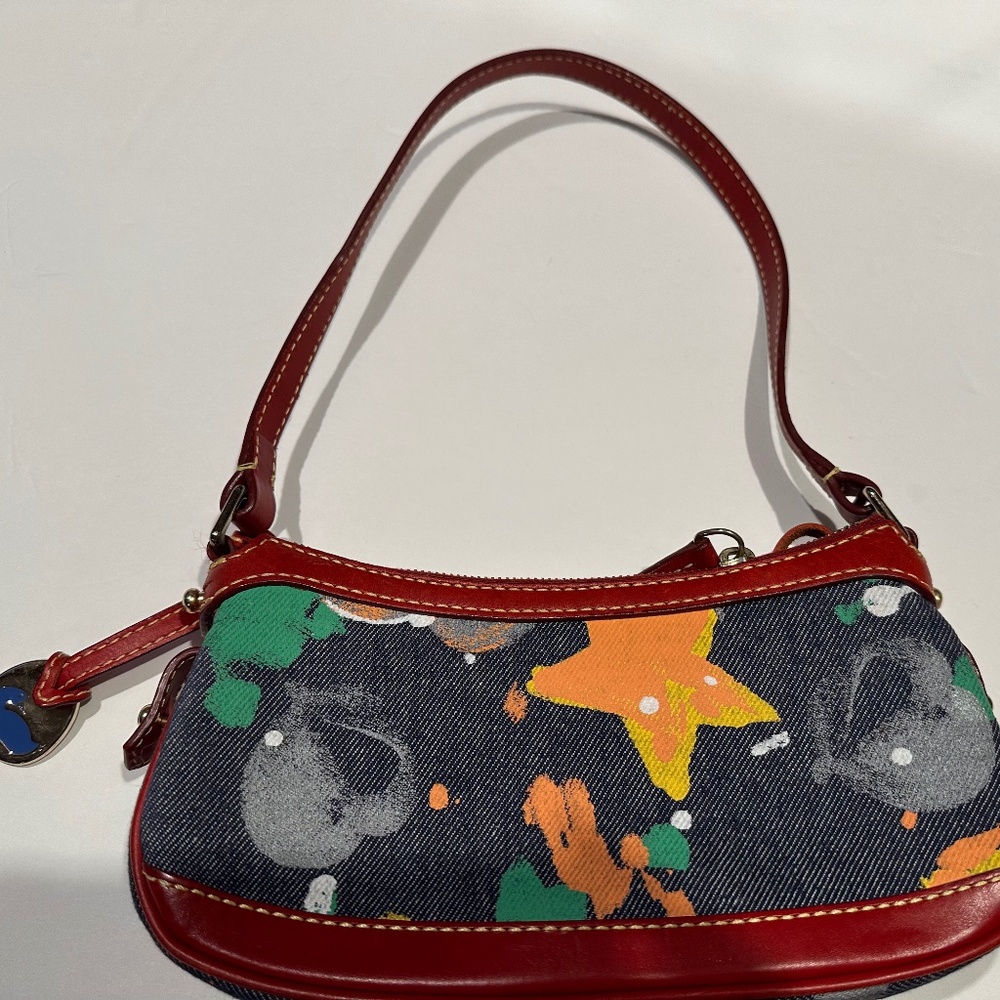 Dooney & Bourke Vintage Denim Paint Splatter Mini Shoulder Bag Red Leather Trim